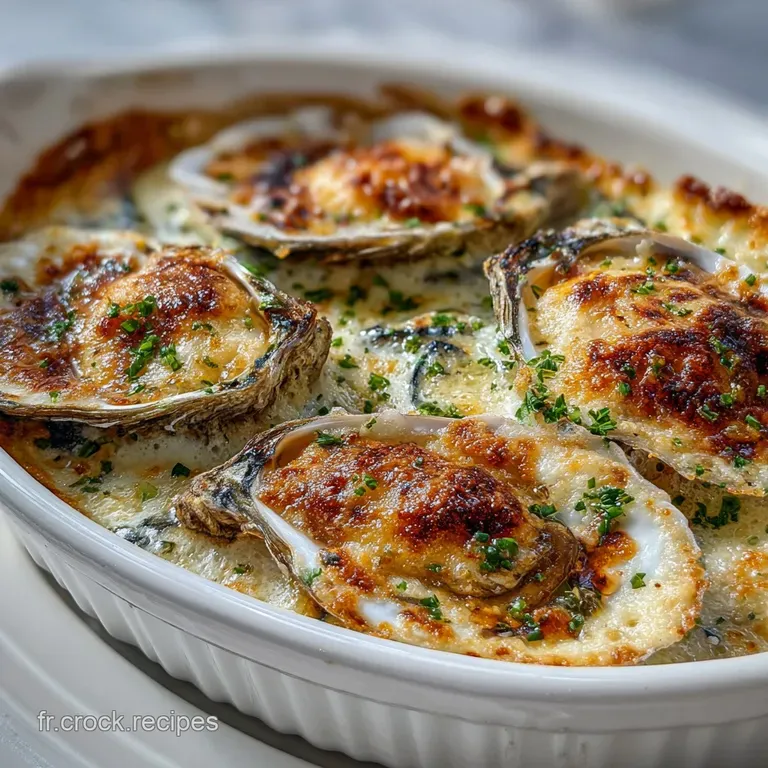 Elegant plate featuring six gratin&eacute;ed oysters, arranged artfully on a bed of greens, with a lemon wedge and garnish.