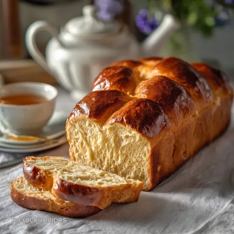 A slice of light and airy brioche on a plate, showcasing its delicate crust, served with a pat of melting butter.