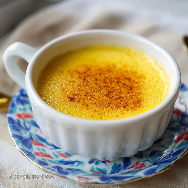 Silky smooth custard flan, elegantly plated with a drizzle of caramel sauce and a sprig of fresh mint, inviting indulgence.