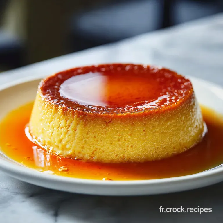 Slice of creamy flan p&acirc;tissier on a plate. Golden crust contrasts with the smooth, pale yellow filling. Lightly dusted wit...
