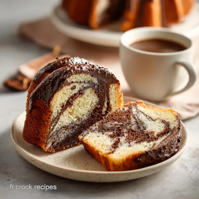 Slices of marbled cake with powdered sugar, artfully presented on a white plate, invite you to enjoy its fluffy texture an...