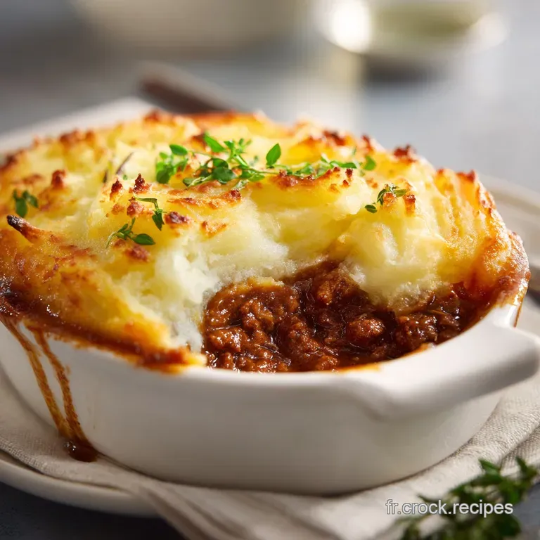 Elegant Hachis Parmentier portion, browned top glistening, served with fresh green salad. Rustic comfort food elevated.