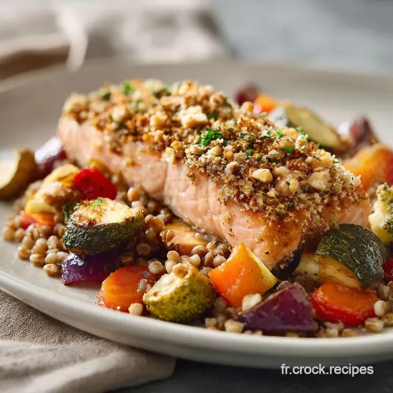 Flaky salmon fillet on a white plate, artfully arranged alongside colorful vegetables. A culinary masterpiece ready to be ...