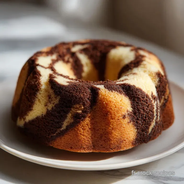 A thick slice of marbled chocolate cake on a white plate dusted with powdered sugar, next to a cup of steaming coffee.