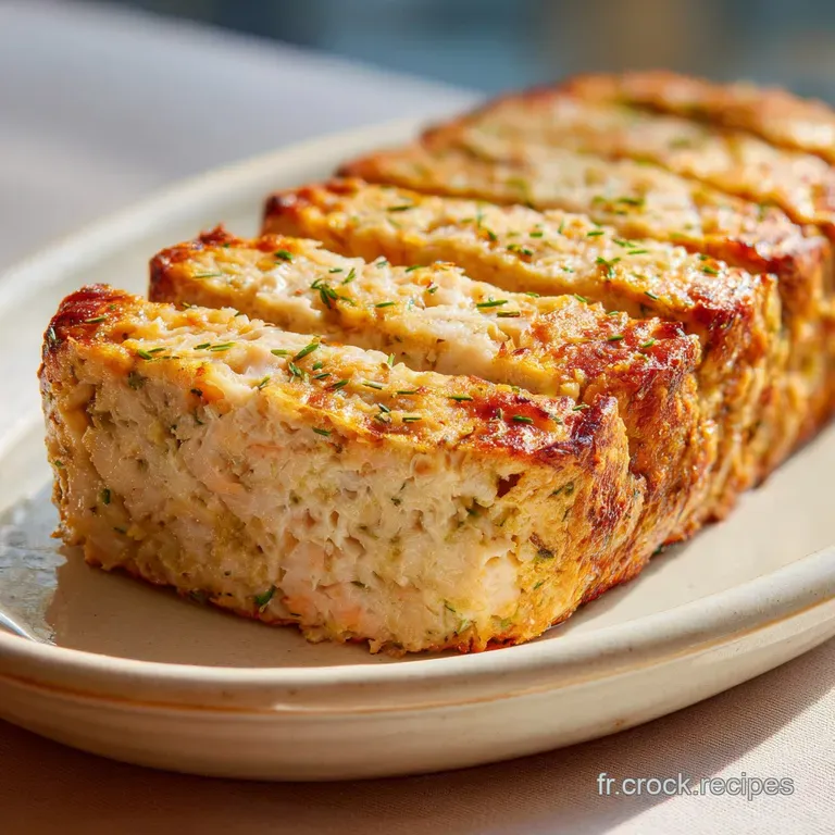 A slice of delicately browned fish loaf on a white plate, next to a vibrant green salad with a tangy lemon wedge.