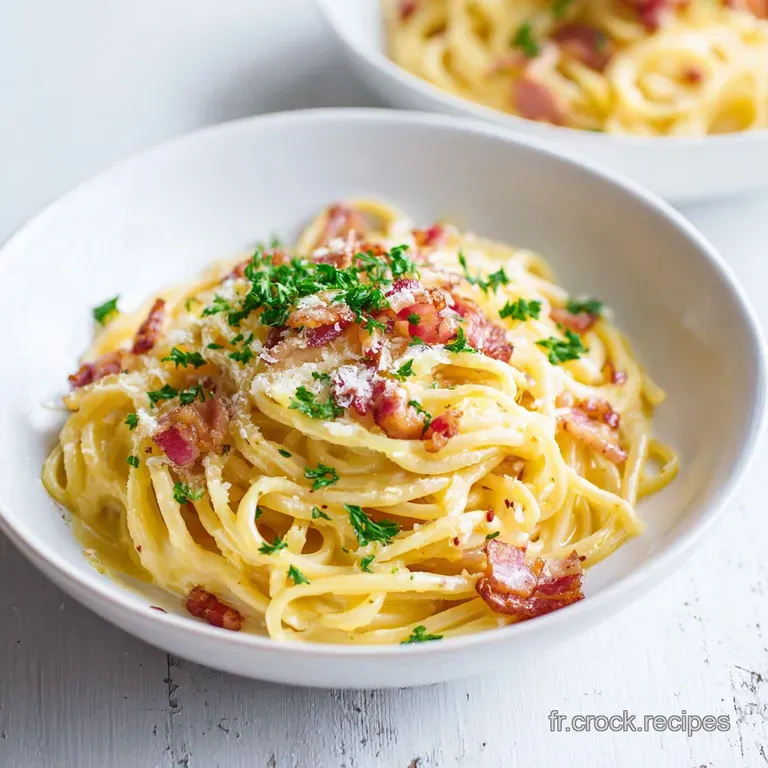 A perfectly twirled nest of spaghetti carbonara, topped with crispy pork cheek and a sprinkle of black pepper.