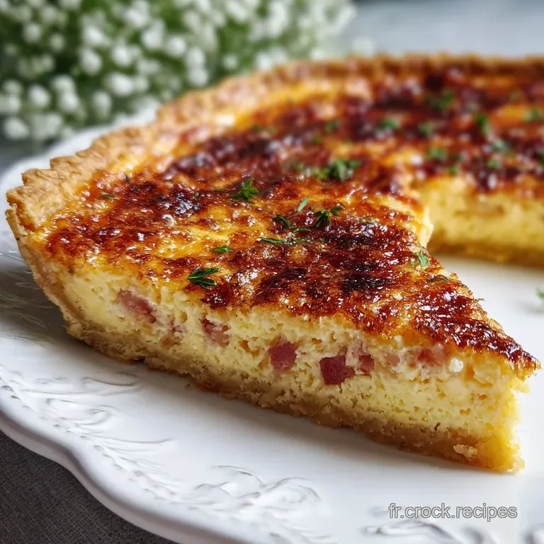 Slice of warm quiche Lorraine on a white plate. Speckled crust, a creamy yellow filling, served with a green salad.
