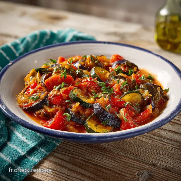 Elegant plate of ratatouille, showcasing glossy vegetables in a rich tomato sauce. Sprig of thyme provides fresh aromatics...