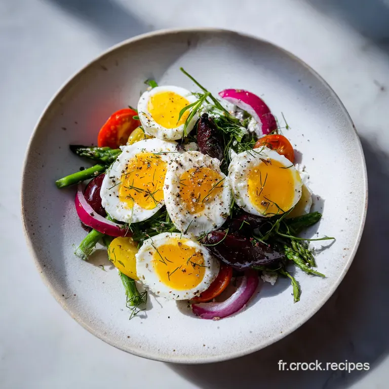 Elegant plate of Salade Ni&ccedil;oise. Flaky tuna, hard-boiled egg, and crisp greens drizzled with a light vinaigrette create fr...