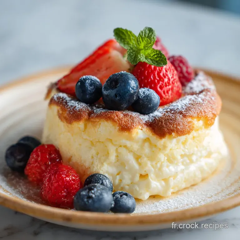 A perfectly risen cheese souffl&eacute;, golden and puffed, presented elegantly with a hint of fresh chives.