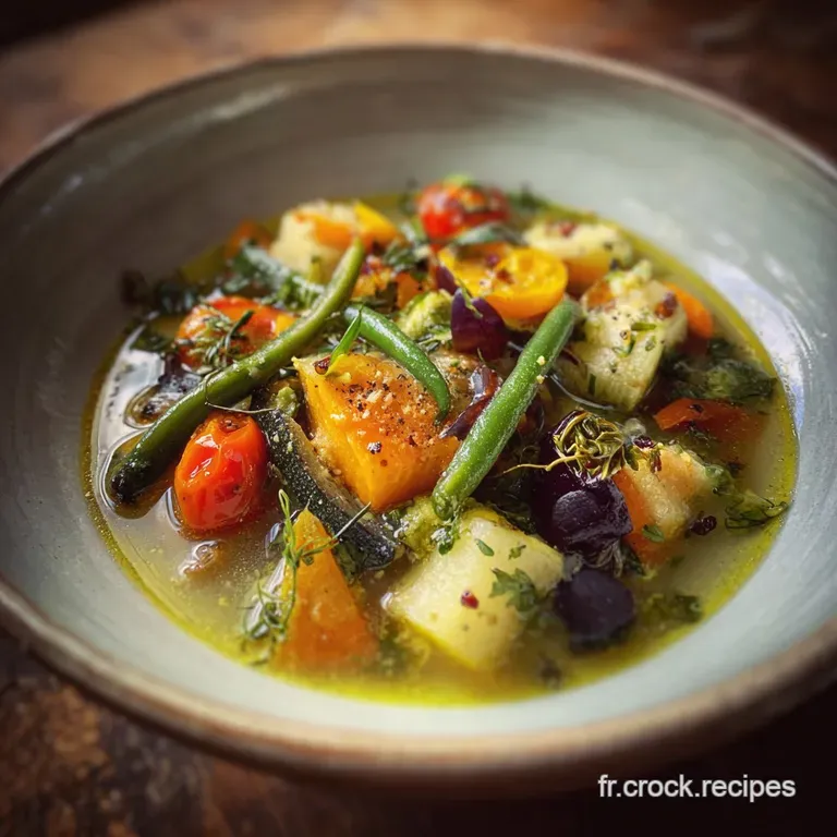 Elegant bowl of Pistou, showcasing tender vegetables and a swirl of fragrant pistou sauce; rustic charm meets culinary art...