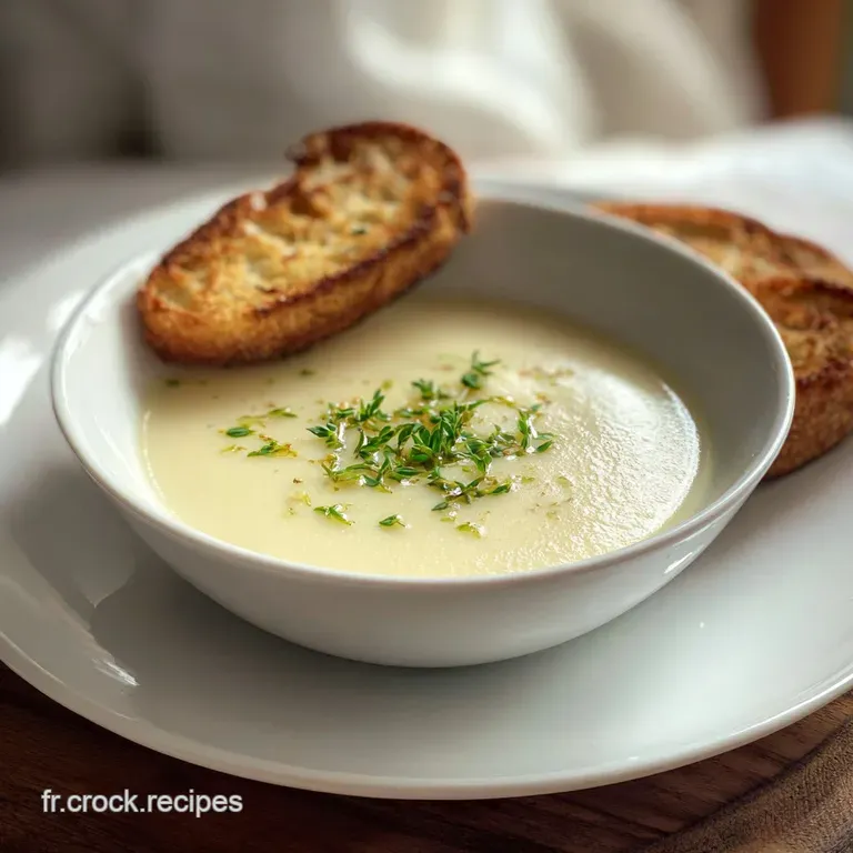 Elegant bowl of velvety smooth soup, garnished with fresh herbs and a drizzle of oil, paired with crusty bread on a linen ...