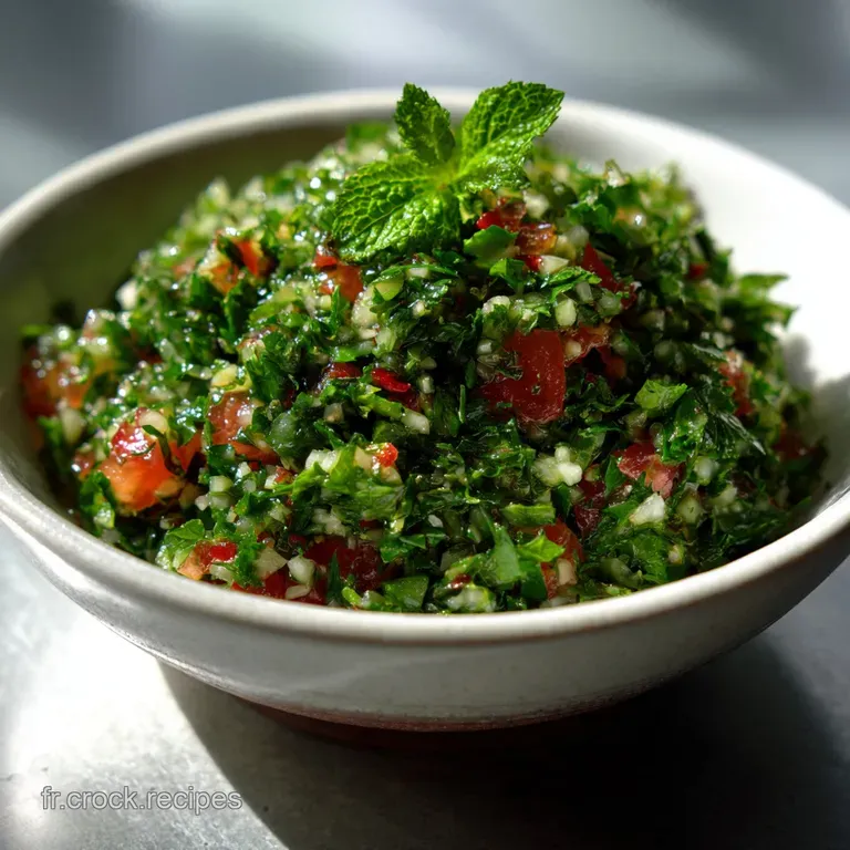 Taboul&eacute; served in a rustic bowl, glistening with olive oil. Fresh herbs and lemon wedges accent a simple, elegant presenta...