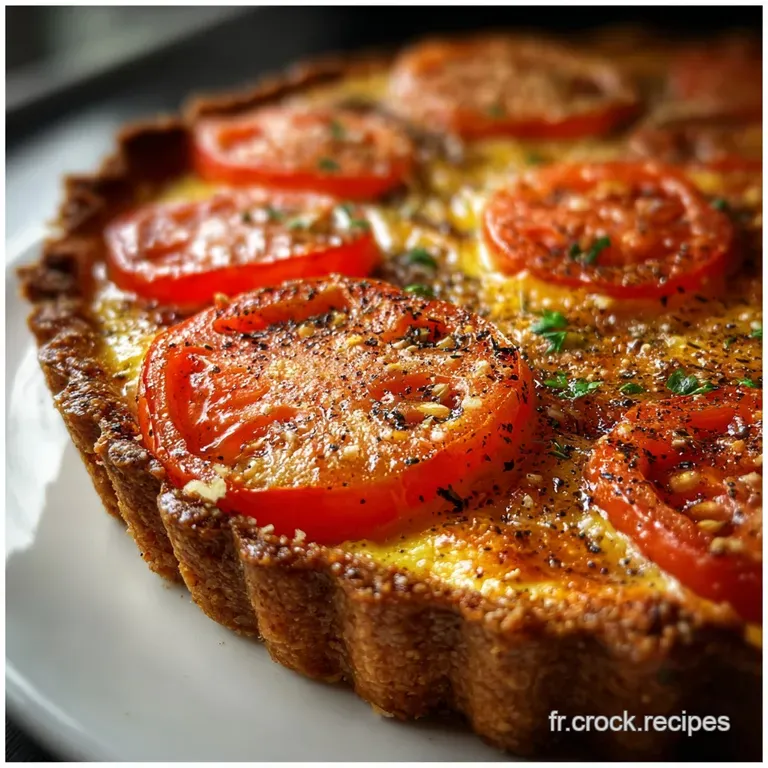 Slice of tomato tart on a white plate, showcasing flaky crust and juicy tomatoes. Side of leafy greens provides a fresh co...