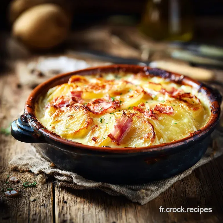 A generous serving of creamy Tartiflette with melted Reblochon, steaming invitingly on a rustic white plate.
