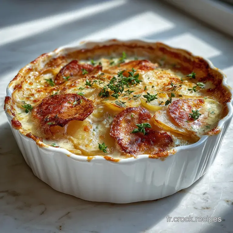 Slice of Tartiflette showing layers of melted cheese, bacon lardons, and tender potatoes. Garnished with fresh thyme.