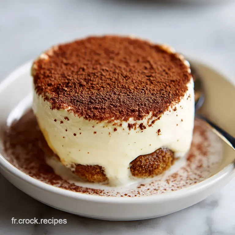 Elegant slice of tiramisu with a dusting of cocoa, showcasing creamy layers and espresso-soaked ladyfingers on a white plate.