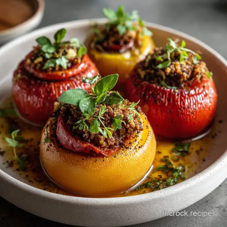 Plated stuffed tomato, skin glistening with olive oil, next to a bright green salad. Steam rises, hinting at the savory fi...