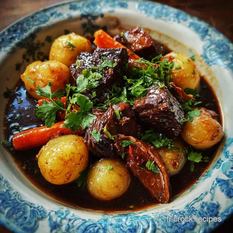 A refined plate of rich, dark stew with tender meat, carrots, and potatoes, sprinkled with fresh herbs and microgreens.