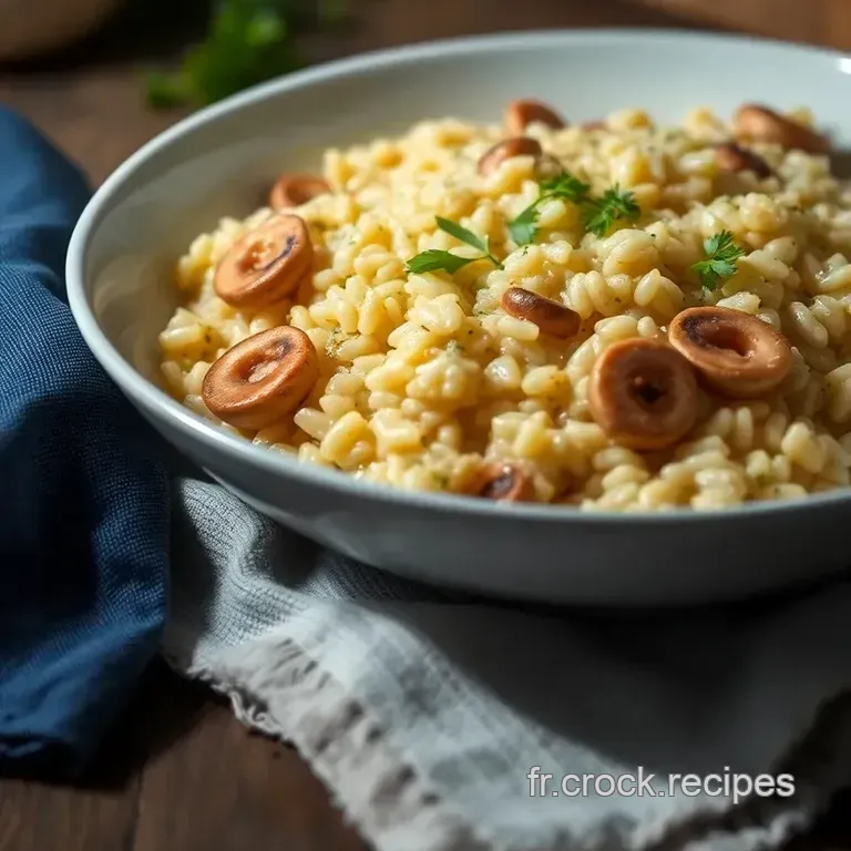 Risotto De Coquillettes Cr&eacute;meux Aux Champignons presentation