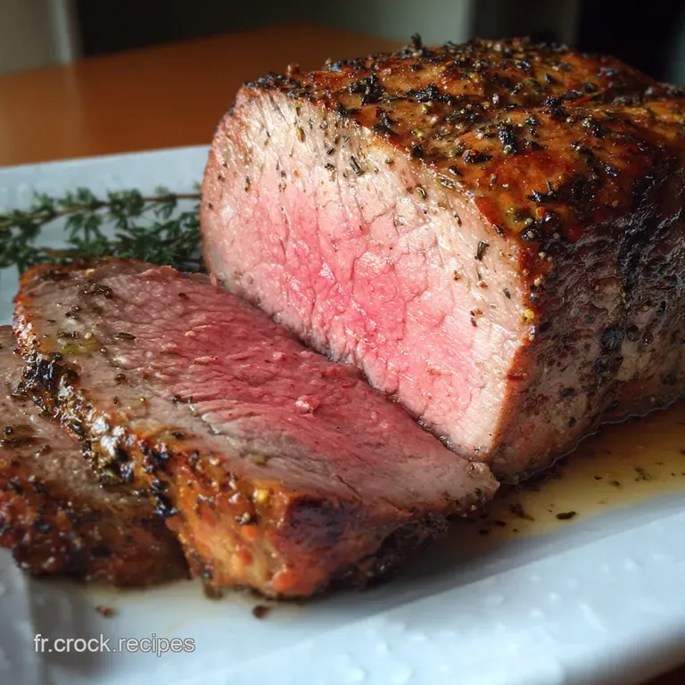 Perfectly pink slices of roast beef elegantly arranged on a plate. A drizzle of sauce adds sheen; fresh herbs, vibrancy.