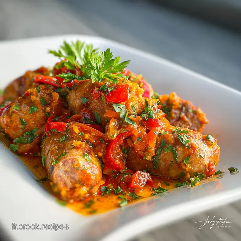 Saucisse rougail plated beautifully: rich tomato sauce glistening over sliced sausage, garnished with fresh thyme sprigs.