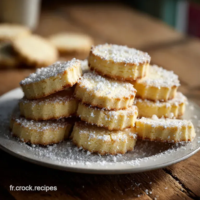 A stack of delicate, sandy-textured sable cookies tied with a red ribbon, showcasing their festive shape and light, golden...