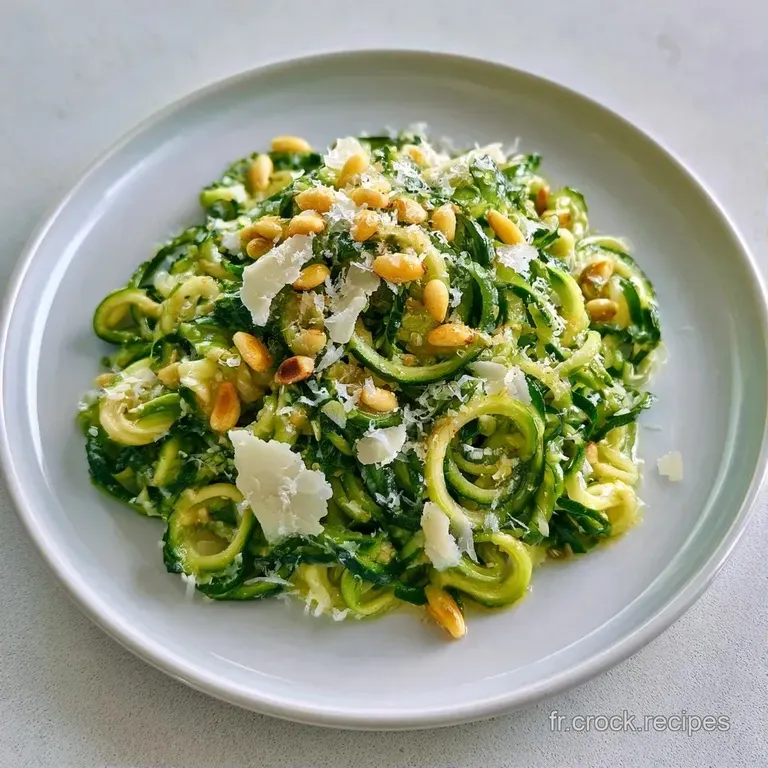 Rubans de courgettes croquants dispos&eacute;s en spirale dans une assiette blanche avec des copeaux de fromage fondant.