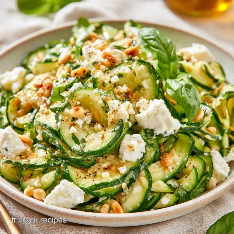 Rubans de courgettes croquants dispos&eacute;s en spirale, parsem&eacute;s de feta cr&eacute;meuse et de fines herbes fra&icirc;ches dans un bol blanc.