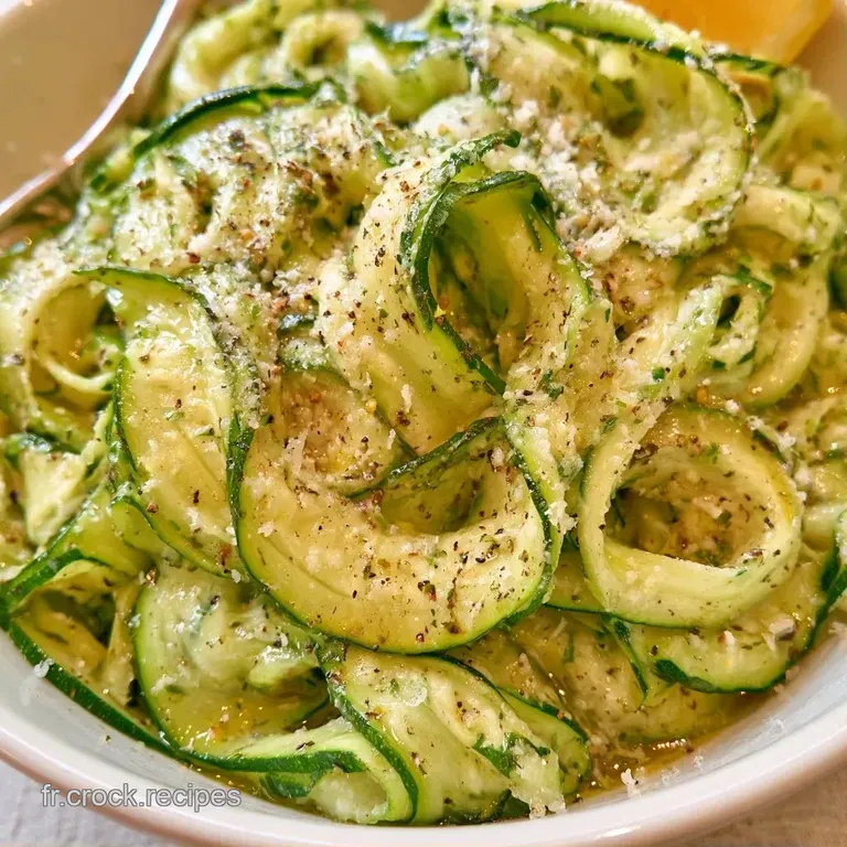 Rubans de courgettes d'un vert vif dispos&eacute;s en spirale dans une assiette blanche, parsem&eacute;s de zestes de citron frais.