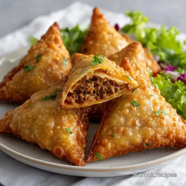 Petits triangles beiges et croustillants align&eacute;s sur une assiette blanche avec une sauce rouge onctueuse et des herbes.