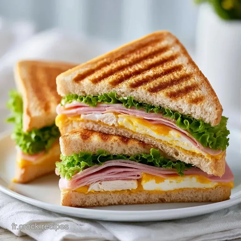 Sandwichs triangulaires align&eacute;s sur porcelaine blanche, r&eacute;v&eacute;lant des &eacute;tages de crudit&eacute;s color&eacute;es et de pain toast&eacute;.