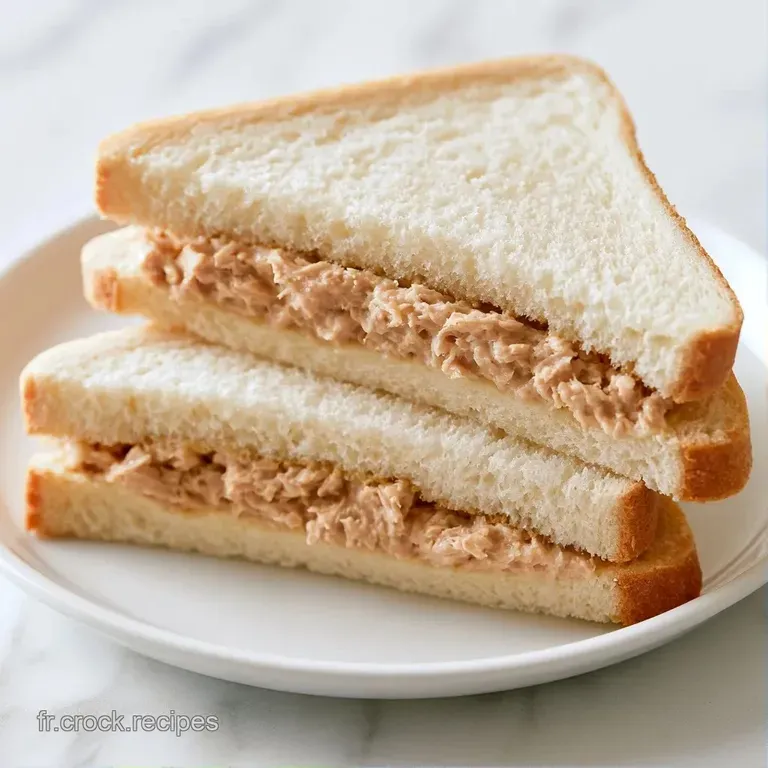 Sandwichs triangulaires dispos&eacute;s sur une assiette blanche, texture onctueuse du thon et croquant de la salade fra&icirc;che.