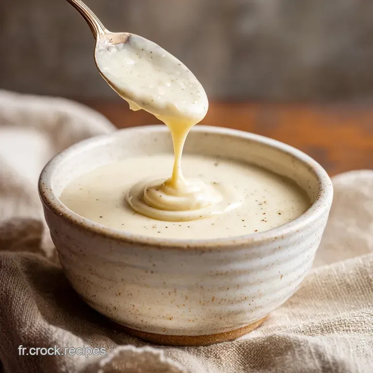 Elegant plate of velvety white sauce, garnished with fresh parsley. The sauce pools softly around the edge of the bowl.