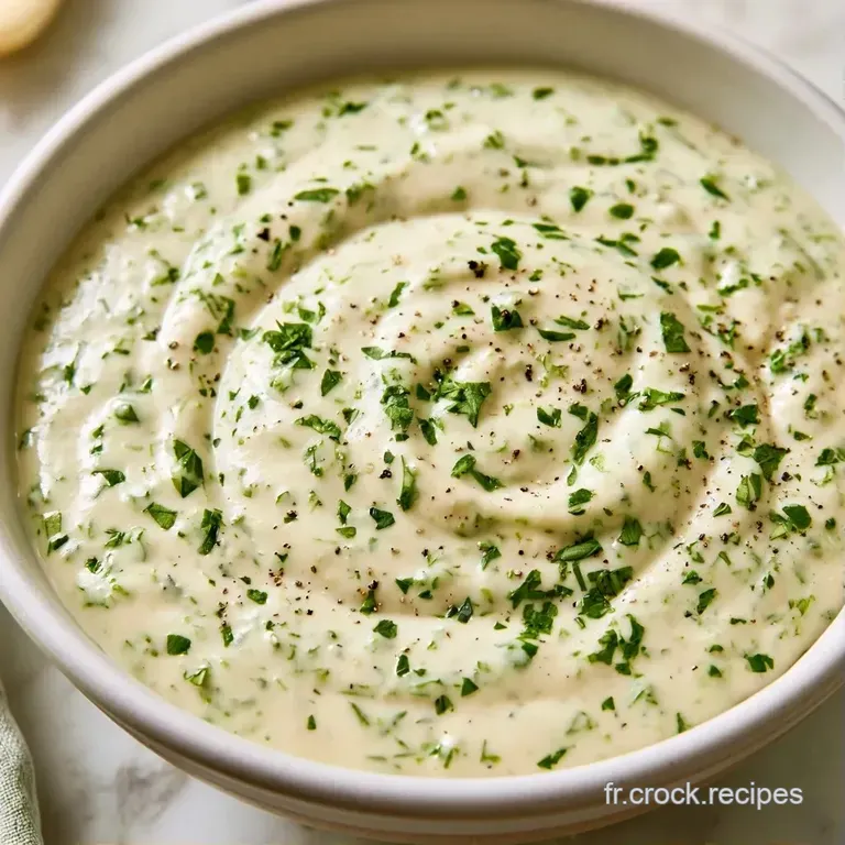 Sauce cr&eacute;meuse et brillante, d'un blanc nacr&eacute; avec des touches de vert vif, dress&eacute;e &eacute;l&eacute;gamment dans un petit ramequin.