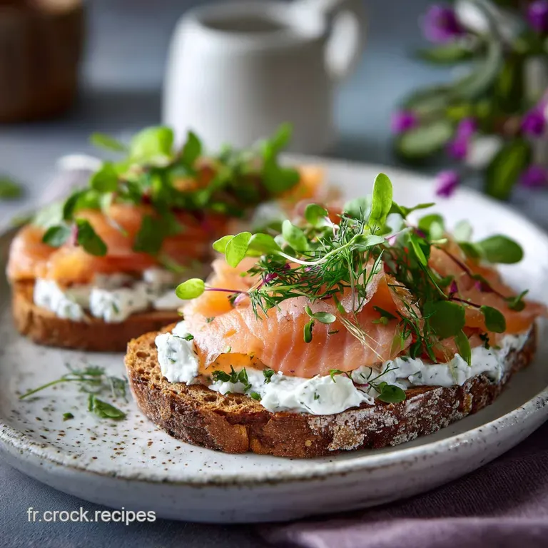 Perfectly plated salmon with fluffy cream cheese and fresh herbs, arranged on a rustic wooden board. A light, elegant, and...