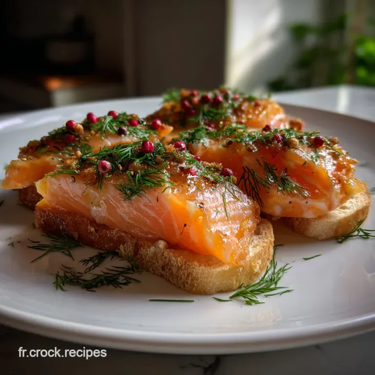 Elegant plate of translucent salmon gravlax, a swirl of creamy dill sauce, and a scattering of capers. Garnished with a le...