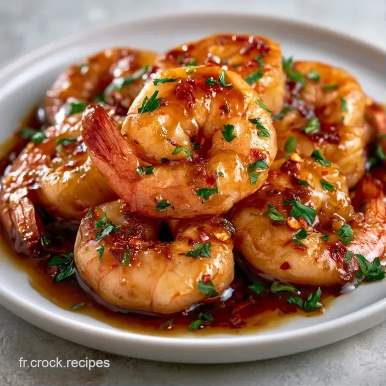 Crevettes nacr&eacute;es et brillantes dispos&eacute;es avec art, entour&eacute;es d'un filet de sauce dor&eacute;e et de brins de coriandre.