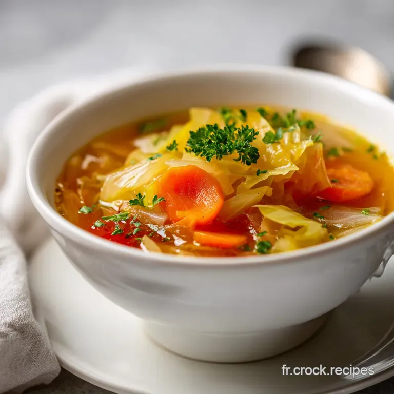 Elegant serving of French cabbage soup; colorful vegetables and rich broth fill a white porcelain bowl, garnished with fre...