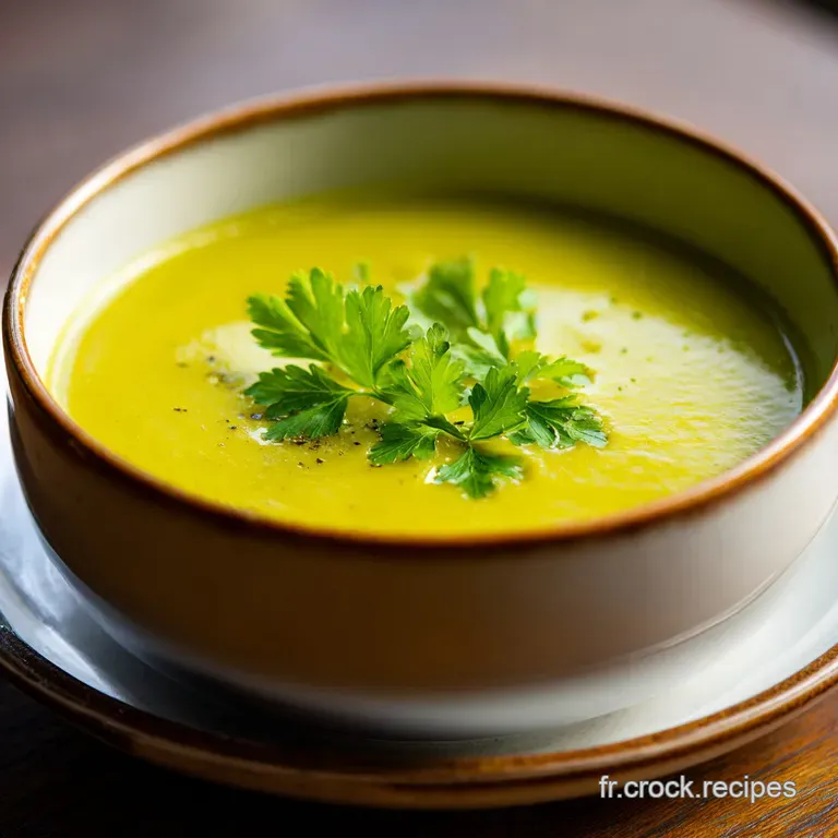 Elegant serving of vibrant green split pea soup in a white bowl, garnished with fresh herbs and a drizzle of olive oil.