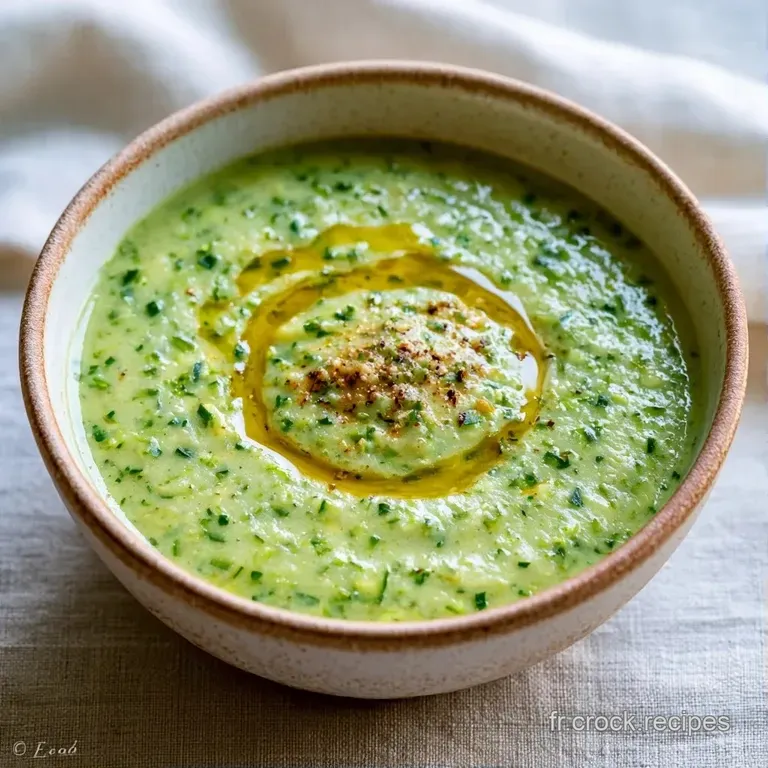 Velout&eacute; vert mousseux dans un bol design, agr&eacute;ment&eacute; de cro&ucirc;tons grill&eacute;s croustillants et d'un voile de cr&egrave;me fra&icirc;che.