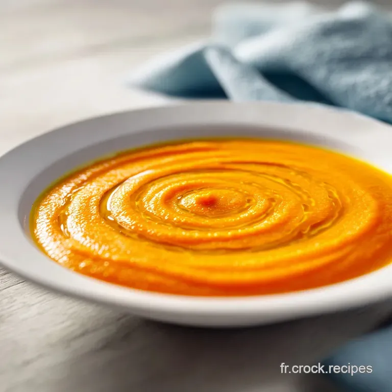Velout&eacute; onctueux orange chaud dans un bol blanc, d&eacute;cor&eacute; de gouttes d'huile d'olive dor&eacute;es et d'un tour de moulin &agrave; poivre.