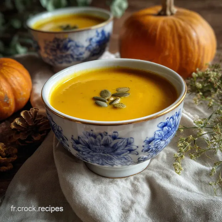 Elegant bowl of smooth pumpkin soup garnished with a delicate sprig of thyme, a drizzle of oil, and crusty bread.