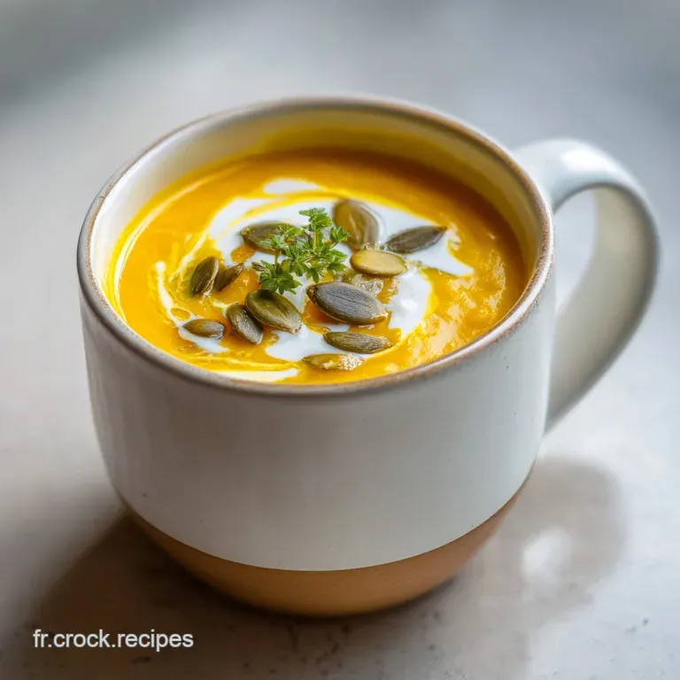 Elegant bowl of creamy pumpkin soup garnished with fresh herbs and a drizzle of olive oil, set on a rustic wooden table wi...