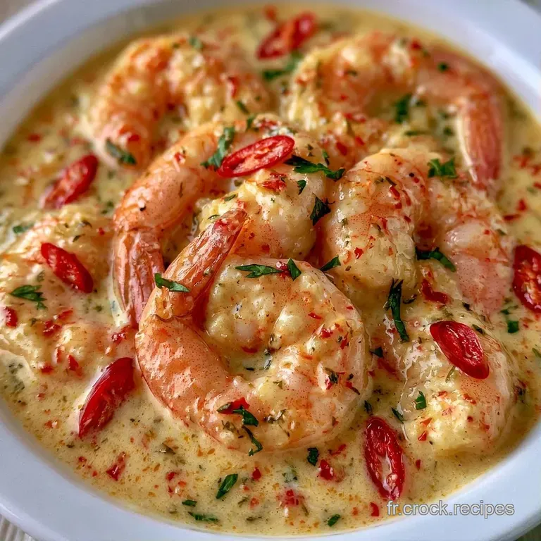 Dans une assiette blanche, le bouillon rouge orang&eacute; entoure des crevettes roses, des l&eacute;gumes croquants et du basilic.