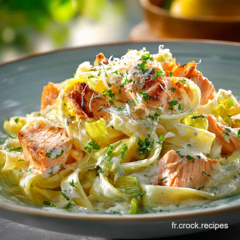 Tagliatelles Aux Poireaux Et Au Saumon La Recette Cr&eacute;meuse Et Rapide presentation