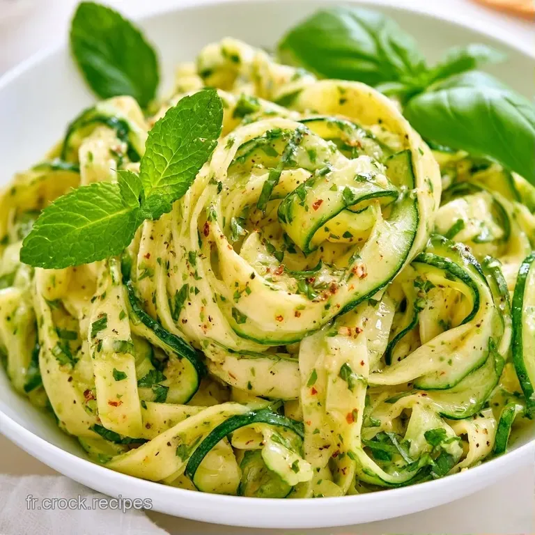 Spirales de l&eacute;gumes vert tendre dress&eacute;es en hauteur, d&eacute;cor&eacute;es de copeaux de fromage blanc et d'une feuille de basilic.