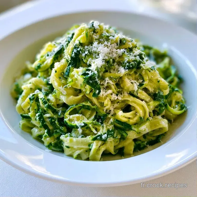 Spirales de l&eacute;gumes verts tendres &eacute;l&eacute;gamment dress&eacute;es, parsem&eacute;es de parmesan r&acirc;p&eacute; et de poivre noir moulu.