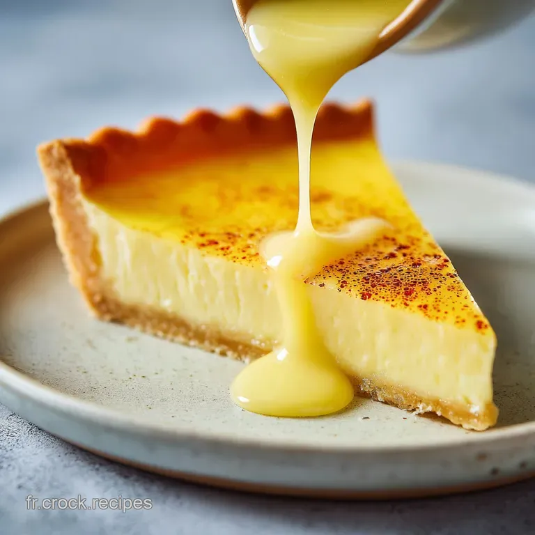 Elegant slice of creamy custard tart on a white plate, dusted with powdered sugar. A delicate balance of golden brown and...