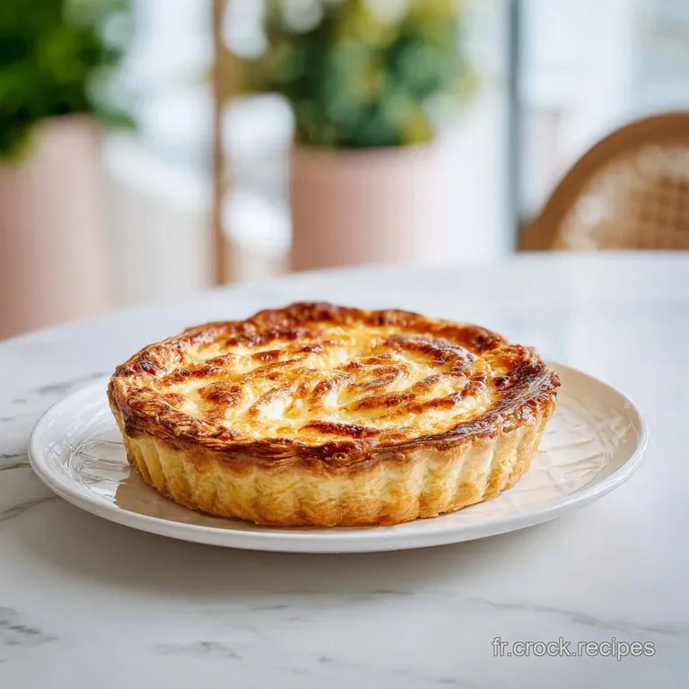 A slice of savory cheese tart on a white plate, steam rising, flecks of herbs. Crisp crust and gooey cheese are visible.